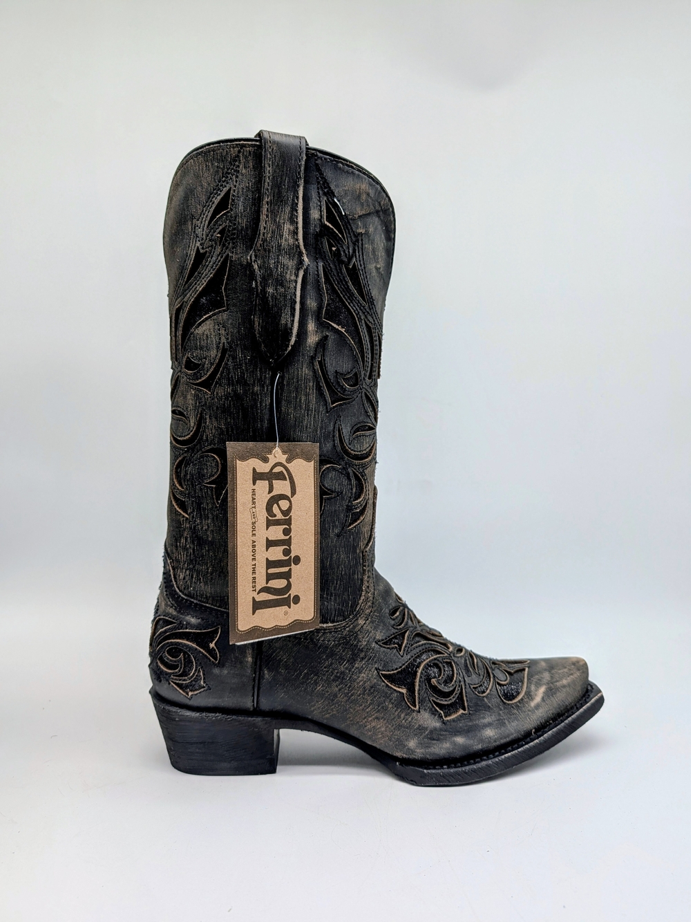 Ferrini Black Distressed Western Embroidered Heeled Cowgirl Boots